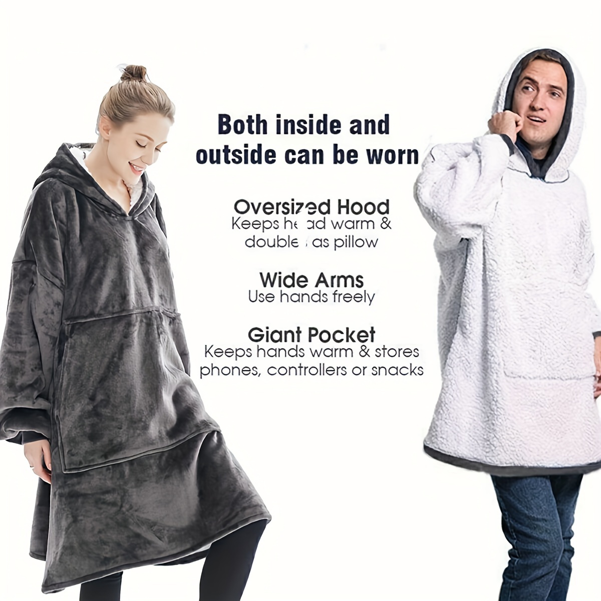 TEMU 1pc Fleece Wearable Oversized Hoodie Blanket With Large Front Pocket - (pink/blue/grey/black) | Machine Washable, Fits & Women, & Outdoor