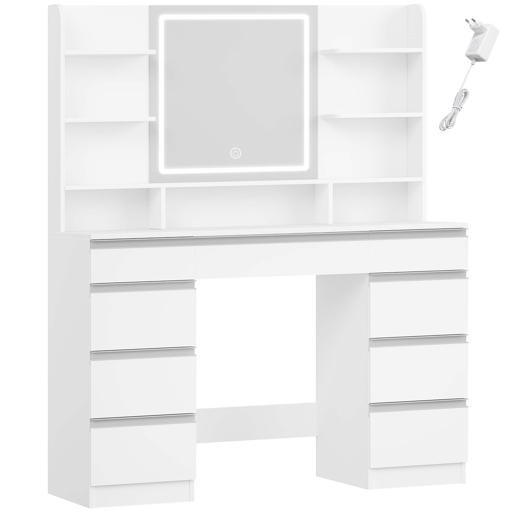 Image of Large Jewelry Storage Cabinet With Led Lighting, 3 Colours, Brightness Control, Dressing Table With Mirror, 9 Drawers, 9 Open Shelves, , White Golden/white And Silver, Jewelry Chests