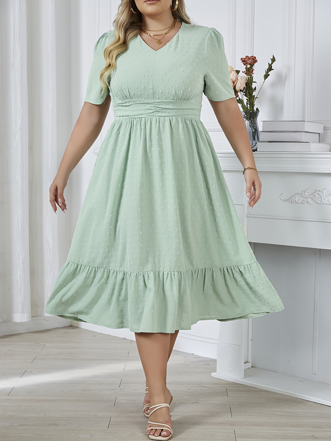 Plus Size Casual Dress, Women's Plus Solid Contrast Guipure Lace Trim Cap  Sleeve Stand Collar A-line Smock Dress