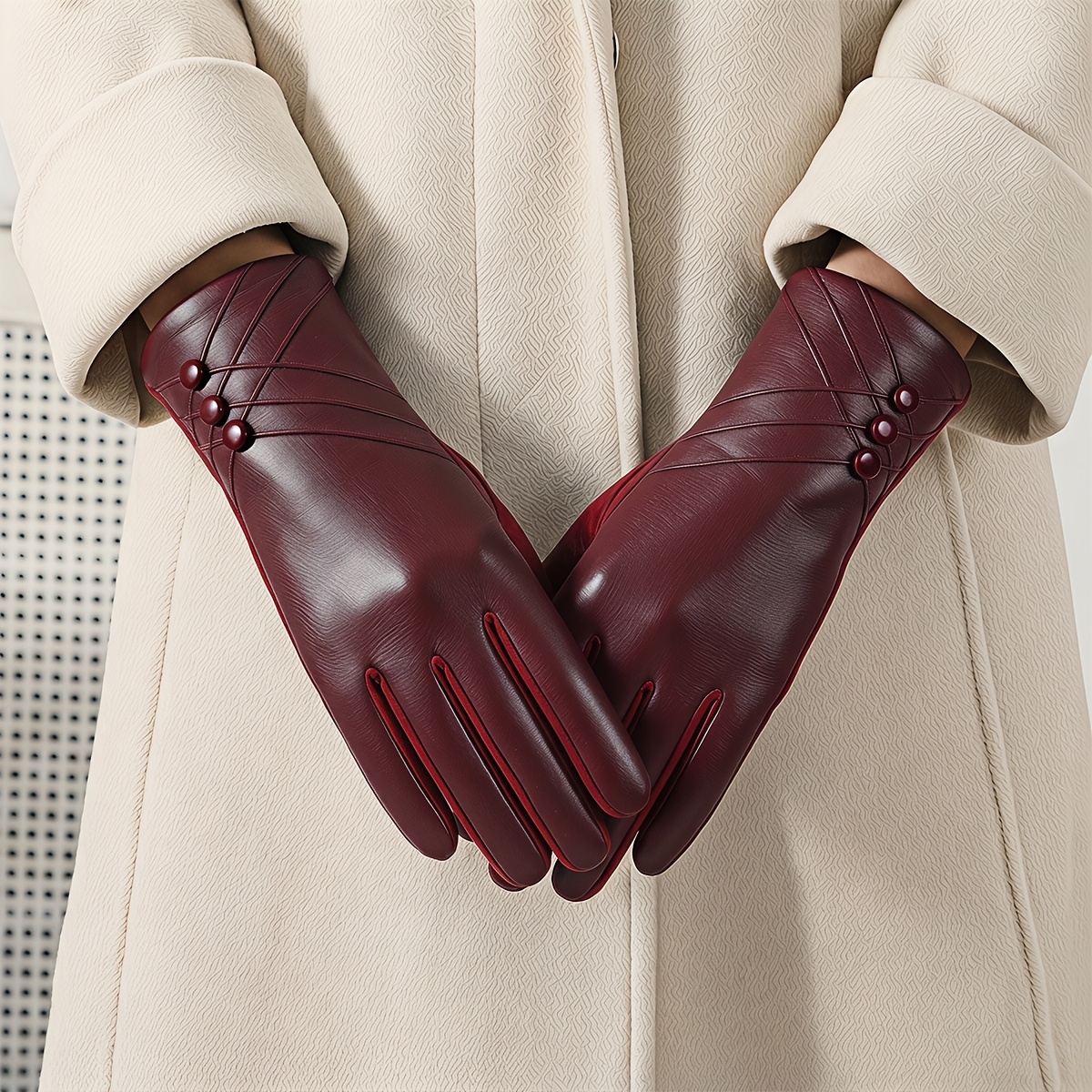 TEMU Women's Pu Cross-strap 3-button Gloves Autumn Winter Fleece Warm Touchscreen Gloves Retro Twill Pearl Button Windproof Riding Driving Fashion