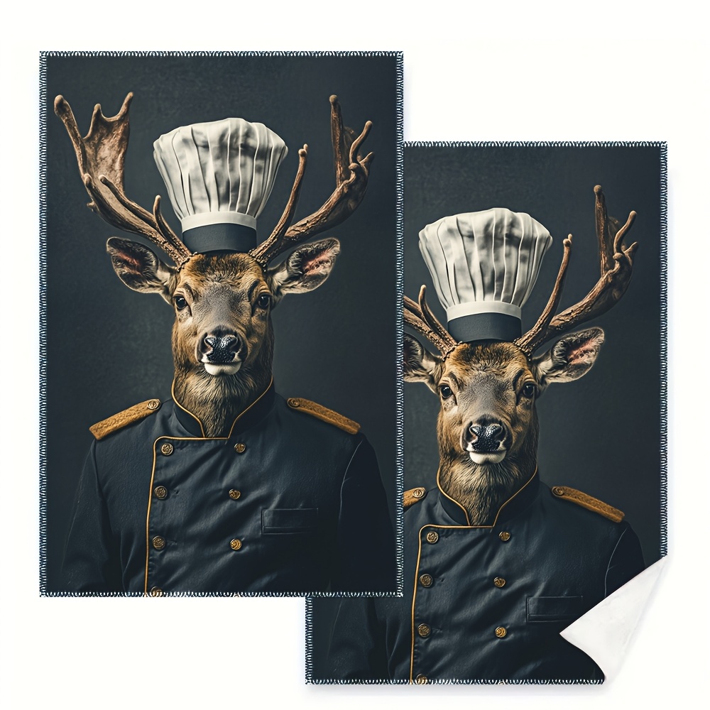 TEMU 2pcs Kitchen Towels Single Sided Printed, 16x24inch, Chef Stag Cool Deer Kitchen Dishcloths, Tea Towel, Housewarming Presents, Kitchen Lovers
