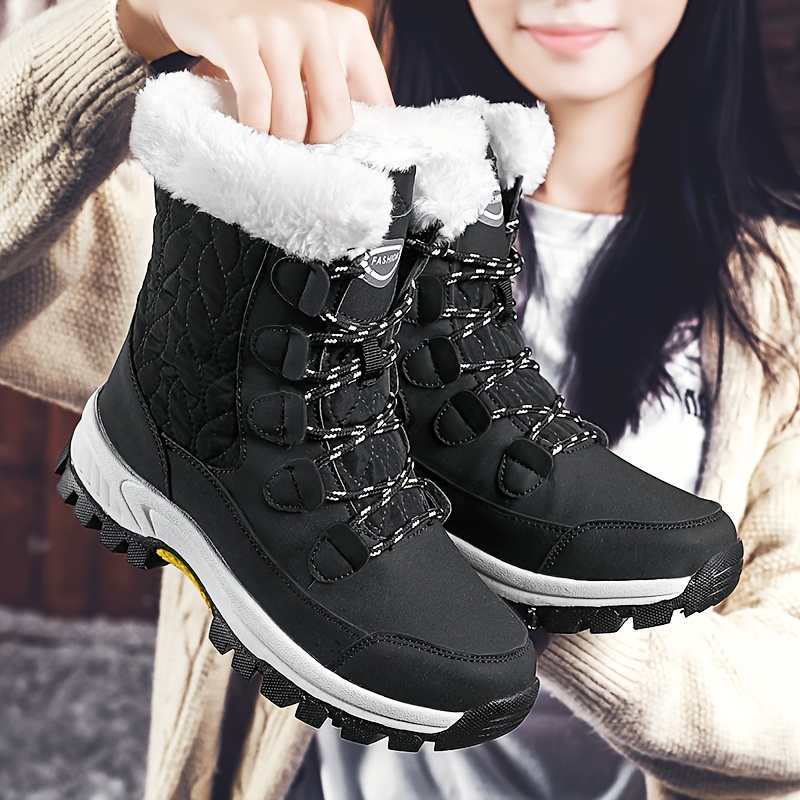 Women's Winter Snow Boots High-Top Warm with Plush Fur Collar,  Slip-Resistant Rubber Sole Cushioned Insole Solid Color Round Toe for  Outdoor