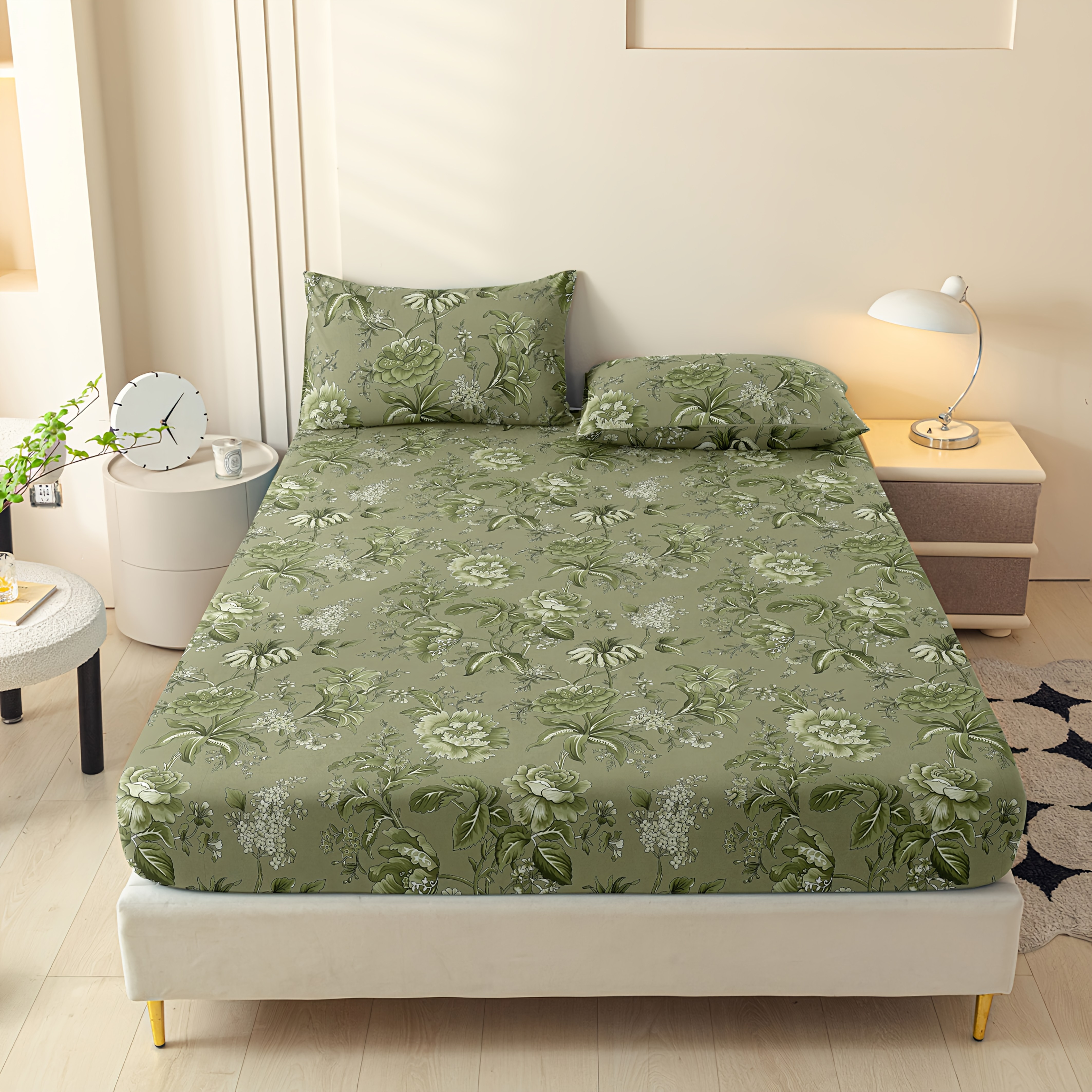 3pcs Floral Fitted Sheet Set, Mattress Protector, Stylish And Comfortable Deep Pocket Breathable Bedding, Bedroom Decor, 1 Fitted Sheet + 2 Pillowcases, No Insert