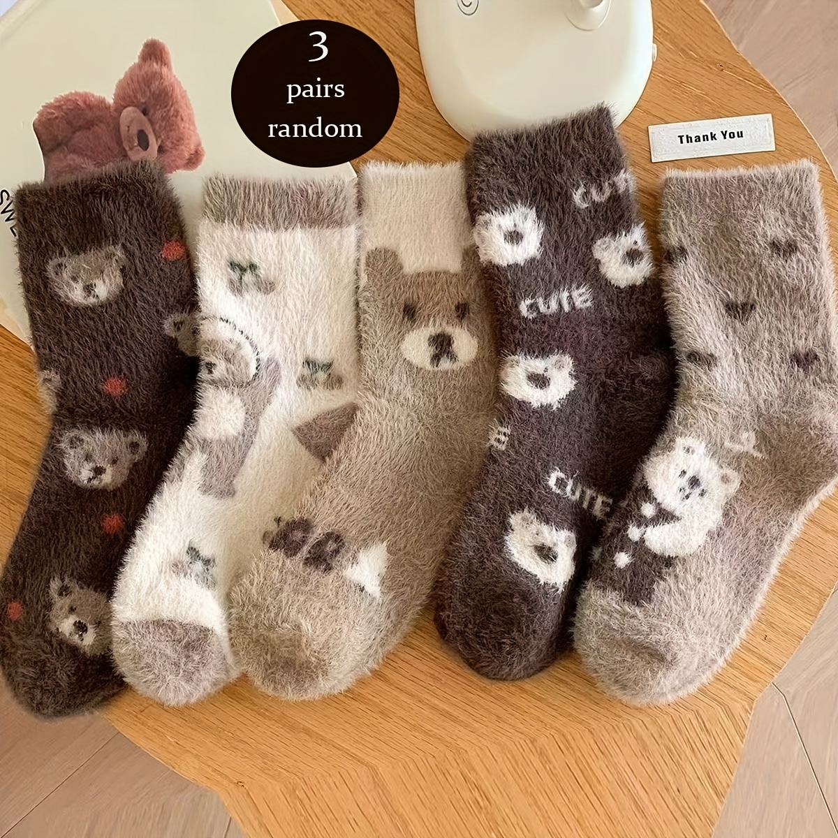 TEMU Random 3 Pairs Of Fleece Socks For Autumn Winter Warm Women's Socks Fleece Easy Mid-calf Bear Heart Crisscross Socks Fluffy