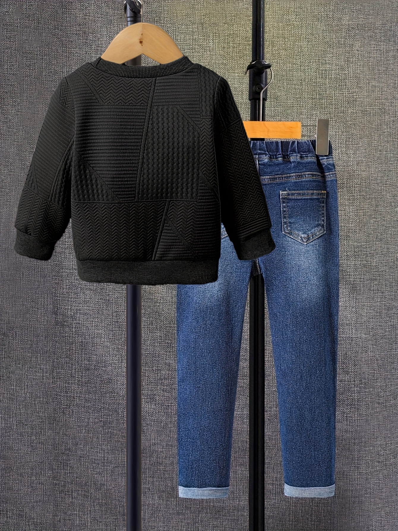 Jongens 2-delige Lente/Herfst Outfit Set - Geometrische Textuur Sweatshirt met Lange Mouwen & Ronde Hals & Stretch Jeans