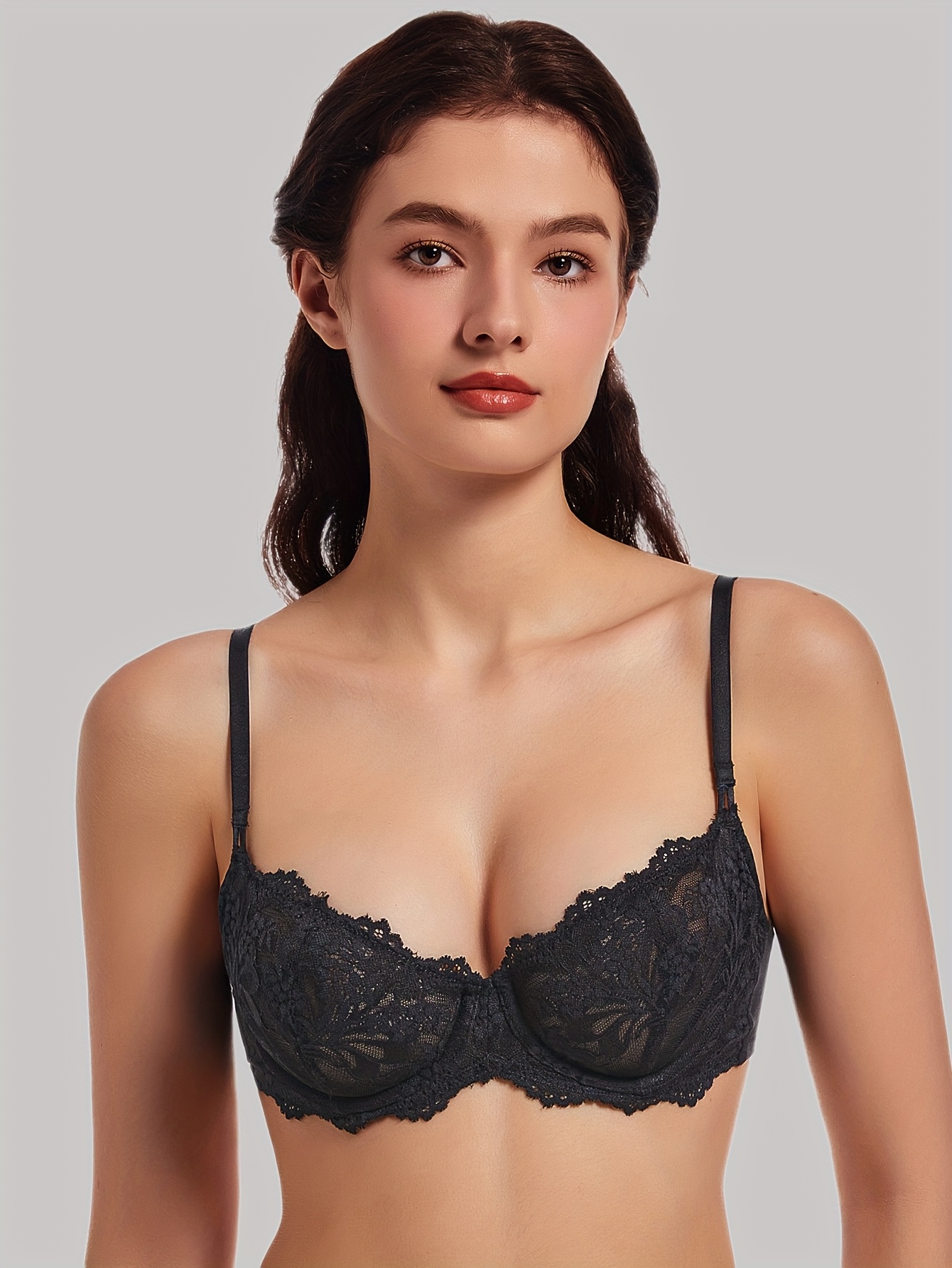 MELENECA Dames Plus Size Doorzichtige Balconette Push-Up BH - Sexy Kanten Trim, Draadondersteuning, Geen Vulling, Medium Stretch, Roze Gouden Accents, Romantische Ontwerp voor Casual Kleding, Comfortabele Ondergoed, Elegante Ondergoed, BH zonder Vulling