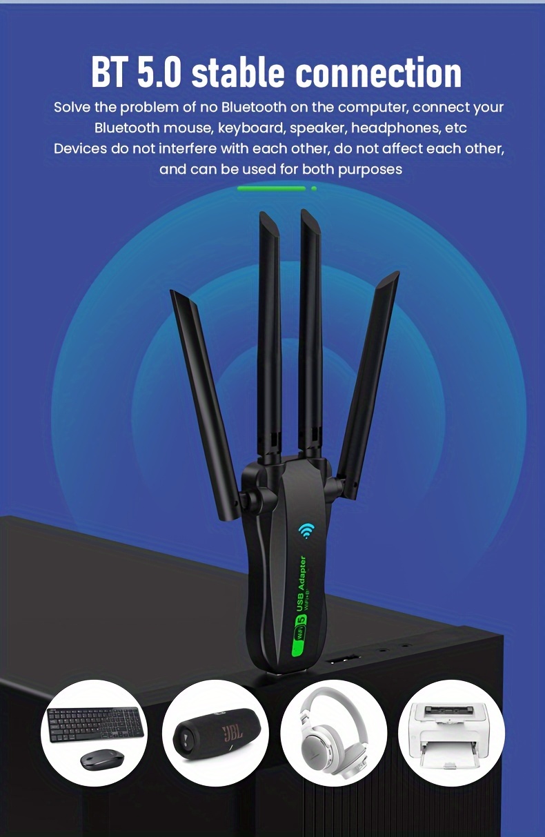 BT+WIFI Wireless Netzwerkkarte, Wireless USB Adapter, 2-In-1 4.2 + Dual-Band WIFI 1300M, Simultaneous Dual-Band, High-Speed Internet Zugang, Plug And Play ohne Treiber, BT+WIFI Internet und Arbeit stören sich gegenseitig nicht