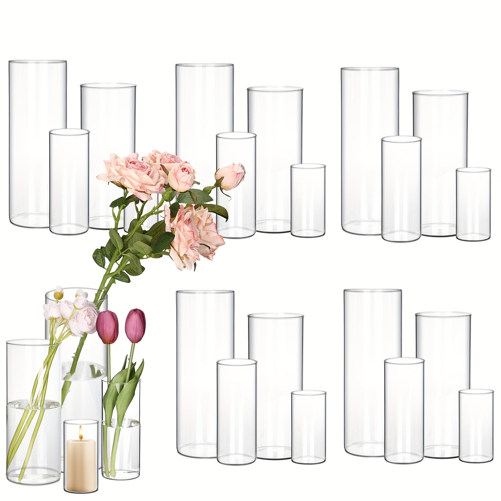 TEMU Tomnk 16/24pcs Clear Glass Cylindrical Vases, 4, 6, 8, 9.8 Inch Tall Cylindrical Vases, Suitable For Party Table Decorations, Hurricane Floating