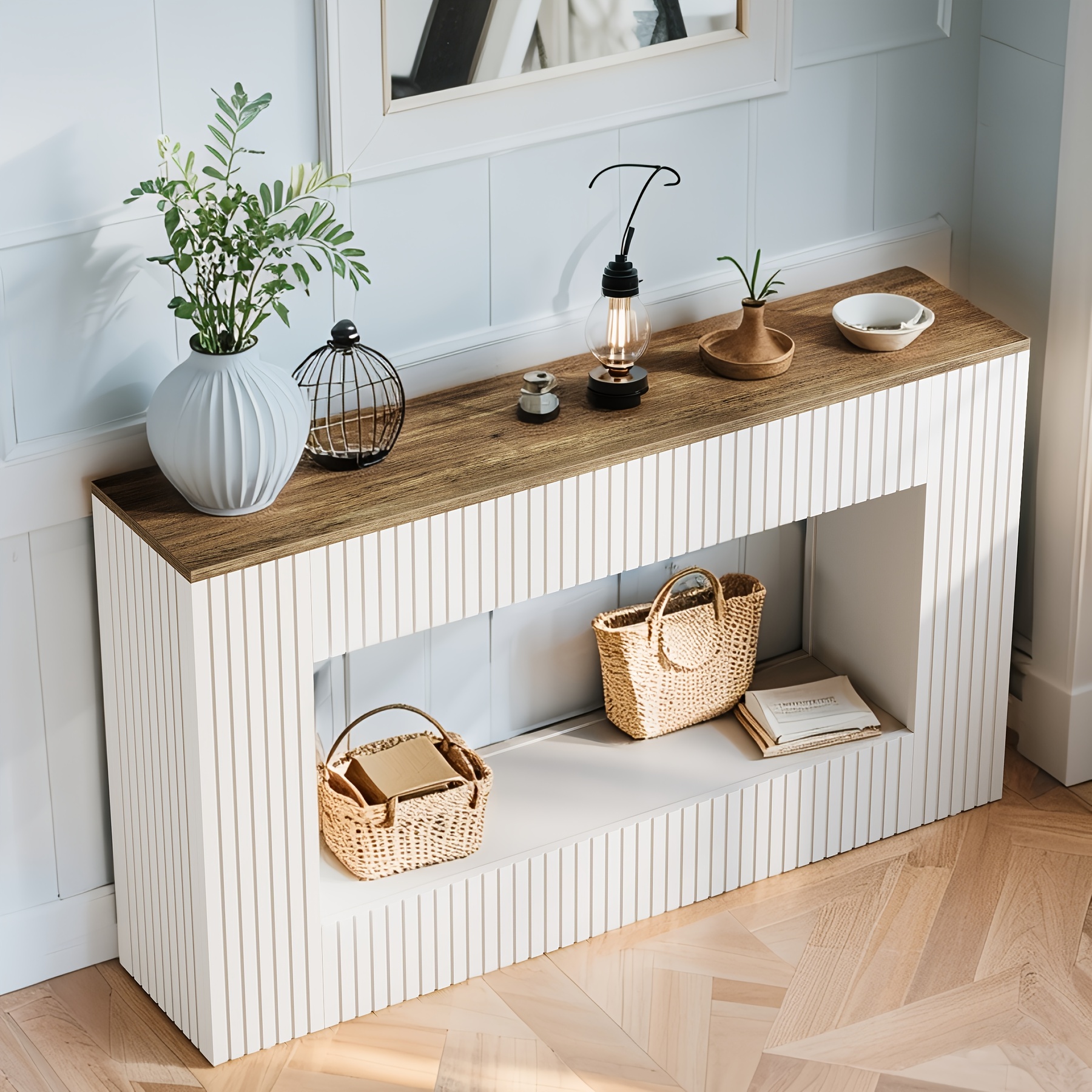 55.11-Inch Farmhouse Console Table, 2-Tier Rustic Entryway Table with Storage, Rectangular Sofa Table Behind The Couch for Living Room, Hallway, Entrance