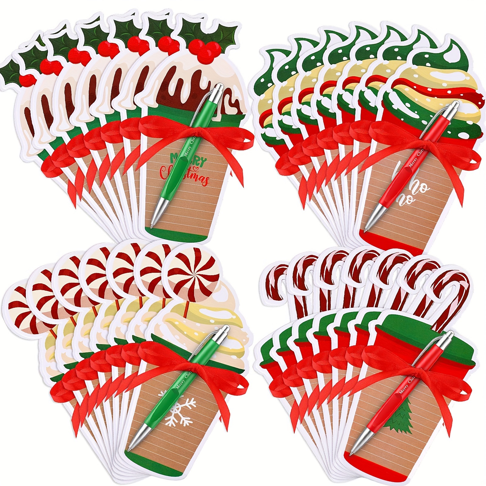TEMU 96 Pcs Christmas Sticky Notes With Ballpoint Pens And Ribbons Christmas Themed Gifts Cute Coffee Cup Die Cut Red Green Christmas Ballpoint Pens