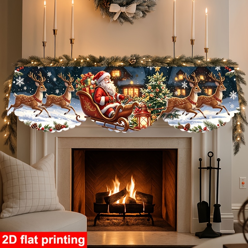 TEMU 1 pieza de bufanda para chimenea navideña, estampado plano 2D con de Papá Noel, , renos, noche y de troncos, decoración de chimenea estilo de
