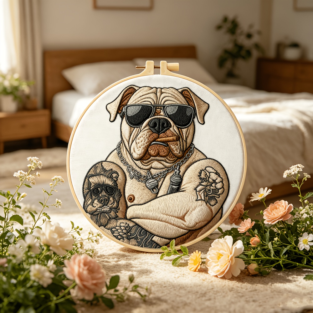 Complete DIY Bulldog Tattoo Embroidery Kit for Beginners