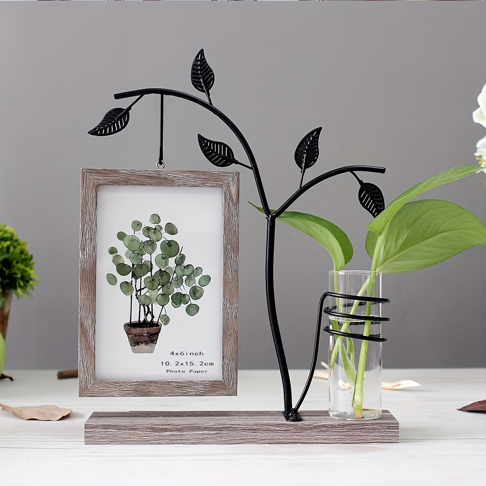 E-shop Fotorahmen 4x6 für Tischdekoration, 6x4'', Geschenk Holzbilderrahmen 6 Zoll, 10×15 cm Doppelseitiges Glas mit dekorativer Blütenvase Metallbaum,