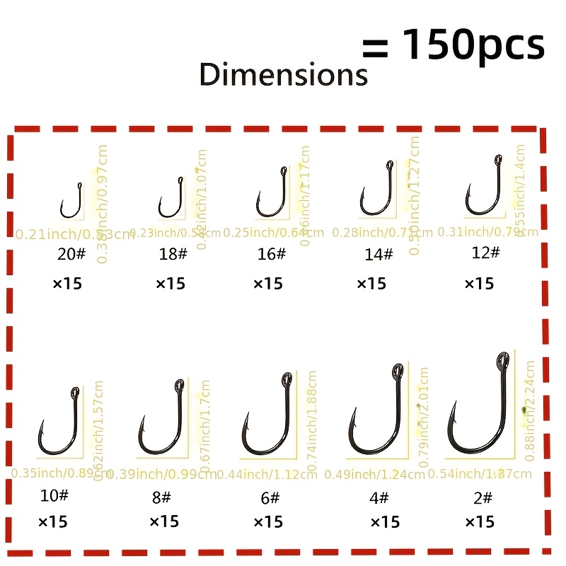 TEMU 150 pezzi/1 scatola di ami da pesca, 10 pezzi/scatola da 3# a 12# Set di ami da pesca per , ami inversi in acciaio al carbonio ad con foro,