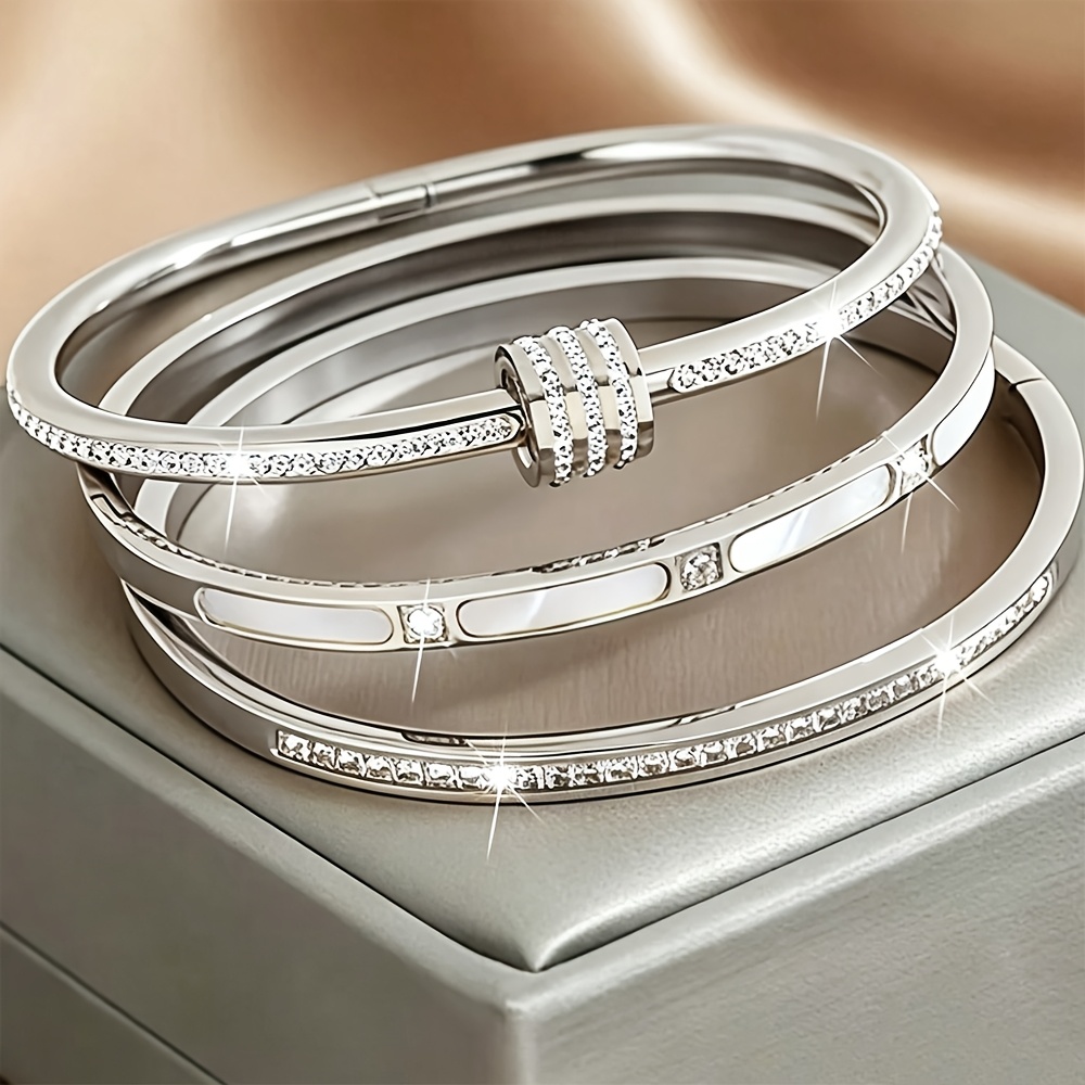 TEMU 3pcs Stackable Bangle Set, Synthetic Zirconia And White Shell Inlaid Stainless Steel Bangles, Fade-resistant Waterproof Low-allergy Women's