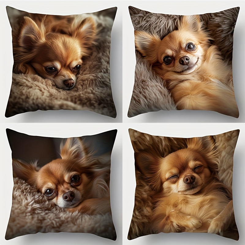 TEMU 4pcs Set, Printed Pillowcase, Chihuahua Theme Pattern. The Dog Is Lying Down Or Lying Down, With A Or Eyes . Is Warm And , Which Can Add A Warm