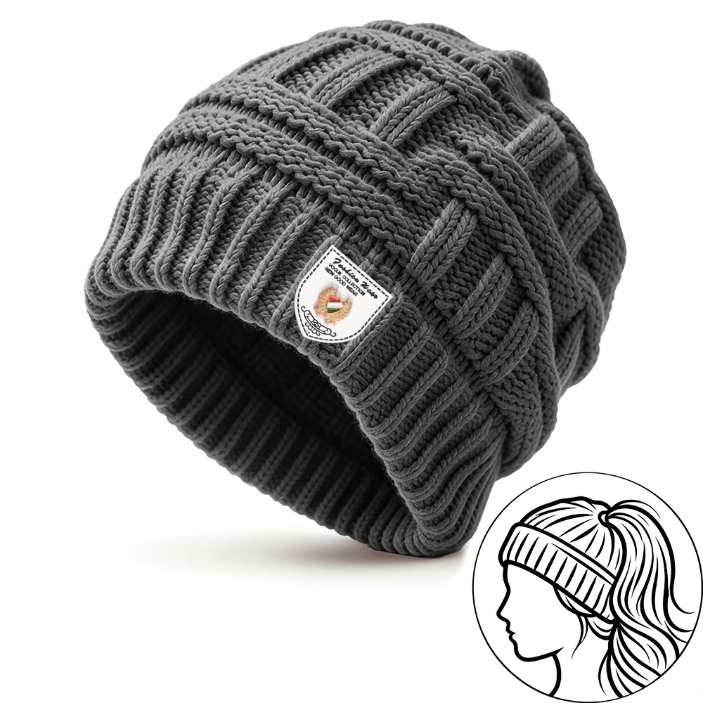 TEMU Women's Stretchable Lightweight Brimless Beanie With Ponytail Hole - Minimalist Textured Suitable For Skiing, Travel, Sports, Daily Wear | Hand