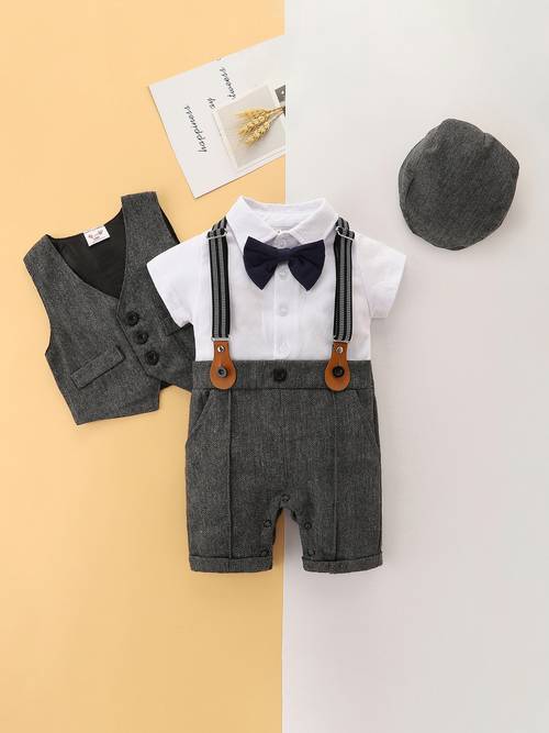 3pcs gentleman suit short sleeve bow romper matching vest hat baby clothes 0 24 months christening outfit wedding attire photoshoot machine washable 3pcs outdoor