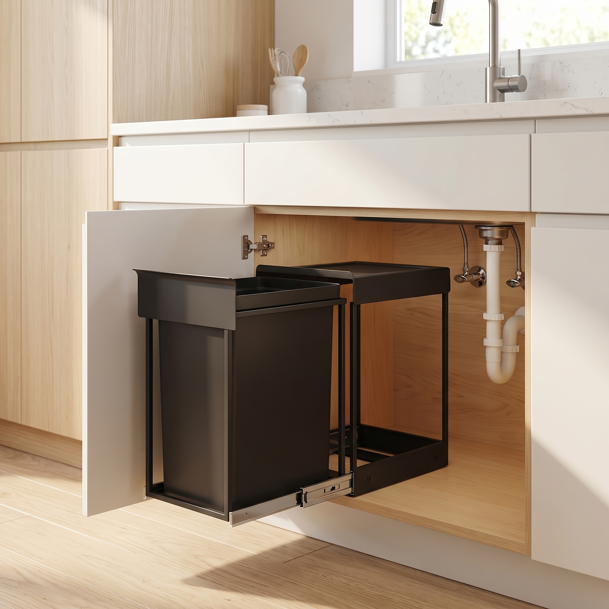 Pull-out Trash Bin For Kitchen Cabinet, Waste Bin, , Abs Lid, , Black And Gray