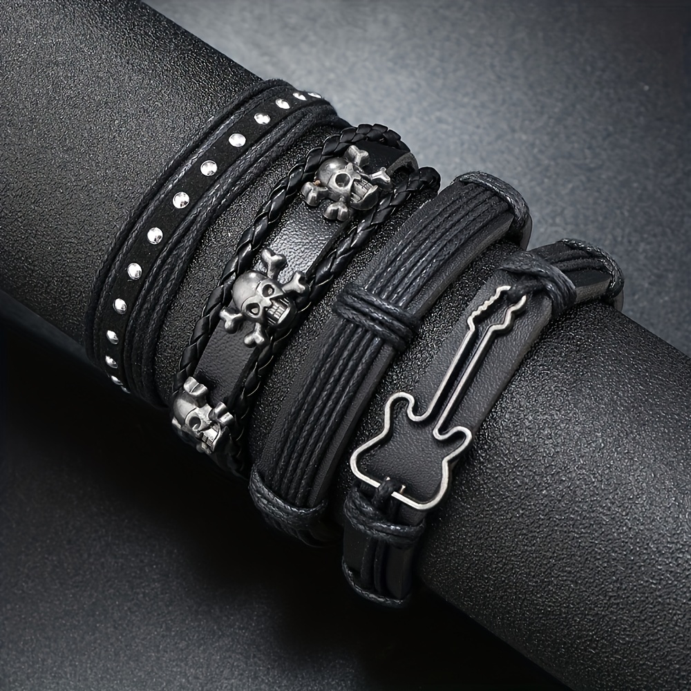 

Vintage Punk Rock Skull And Guitar Leather Wristband Set For Men And Women, Handcrafted Pu Leather Wrap Cuff Accessories, 4 Pieces/set