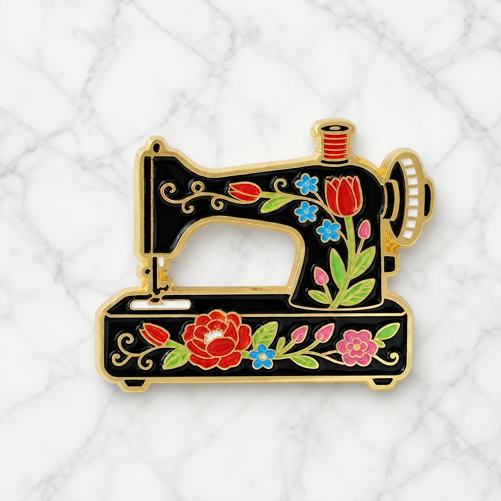 TEMU Floral Vintage Sewing Machine Cartoon Badge Love Floral White Machine And Peony Tulip Complete Set Styling, Suitable For Dresses, Casual Suits,