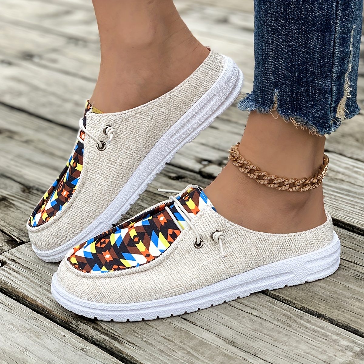 women's geometric pattern canvas shoes casual lace outdoor Temu Oman