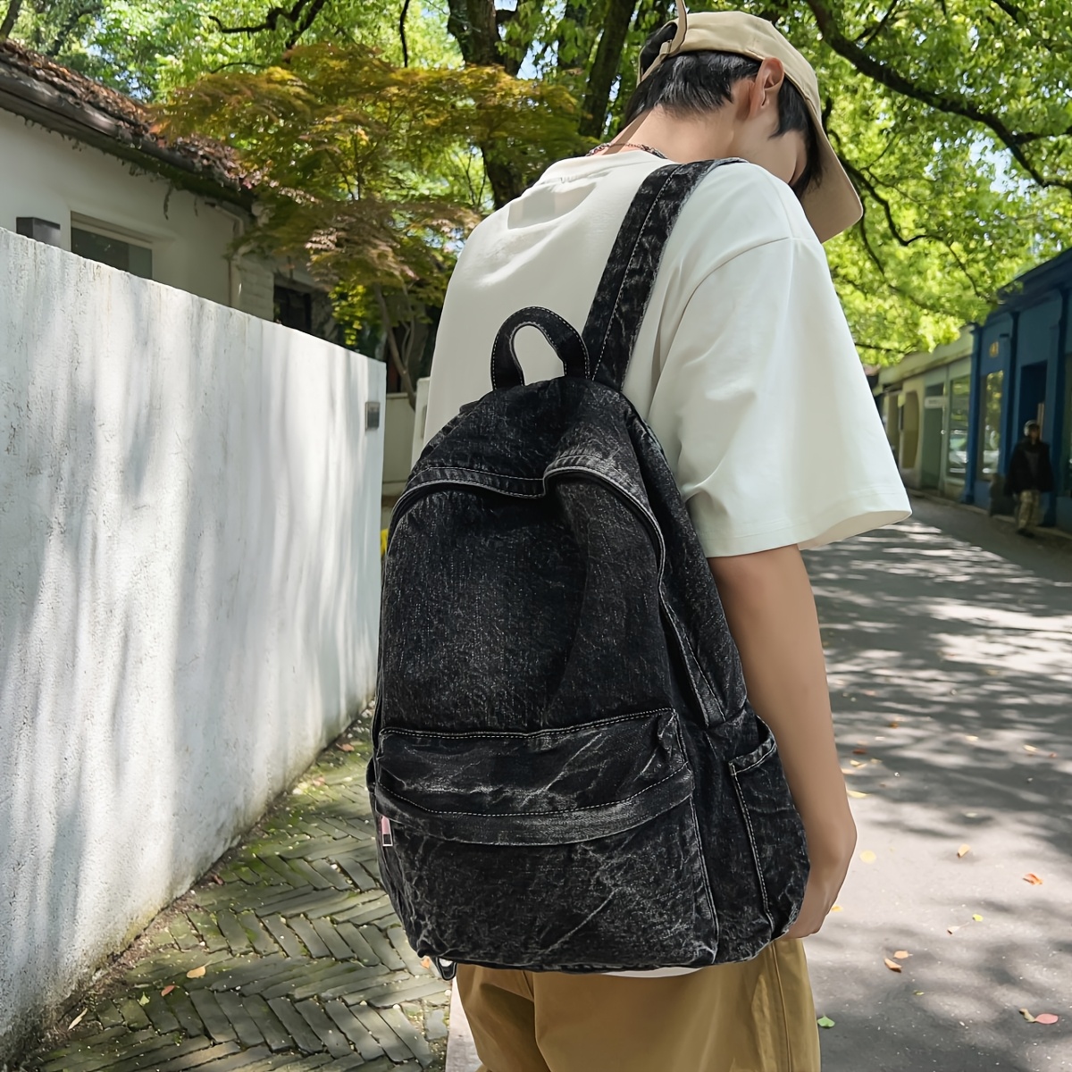 Image of Fashion Solid Color Adjustable Strap Zipper Closure Backpack For Men, Casual Vintage Daily Large Capacity Lightweight Washed Canvas Backpack, 1pc