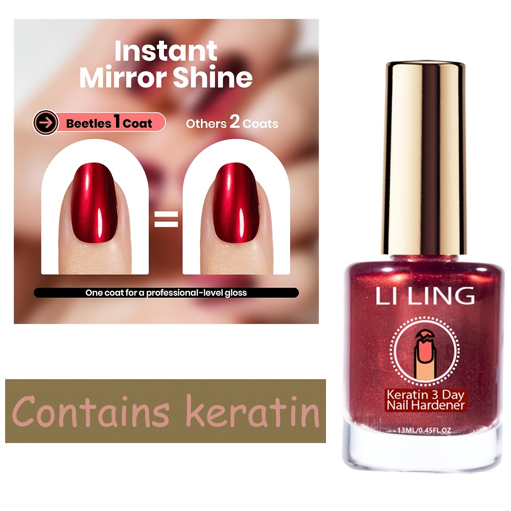 2-in-1 Nail Hardener & Mirror Red Glitter Polish - Strengthens & Protects Nails, High-gloss With Sparkles, Quick-dry Formula 13ml