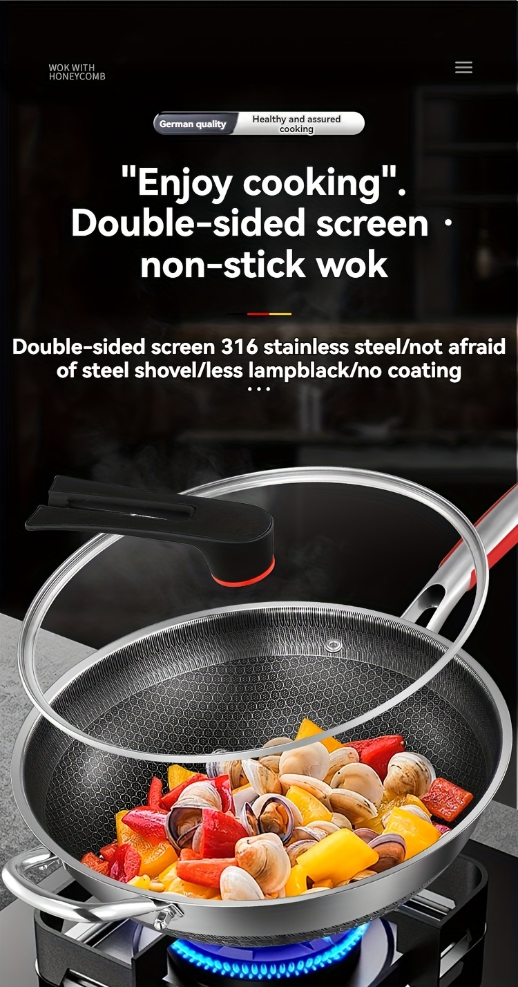 1pc honeycomb non stick stainless steel wok with glass lid 316 full screen anti scratch vertical pot cover dual anti stick shovels scratch resistant kitchen cooking tool for gas induction cookers details 0