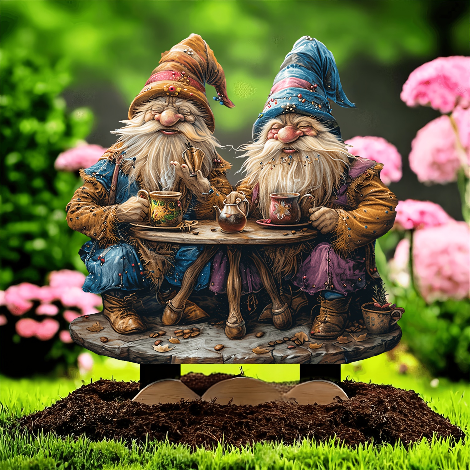 

Festive Gnome Garden Statue: 2 Gnomes Enjoying Coffee, 7.8in X 5.7in, Acrylic Pile, Perfect For Garden Decor