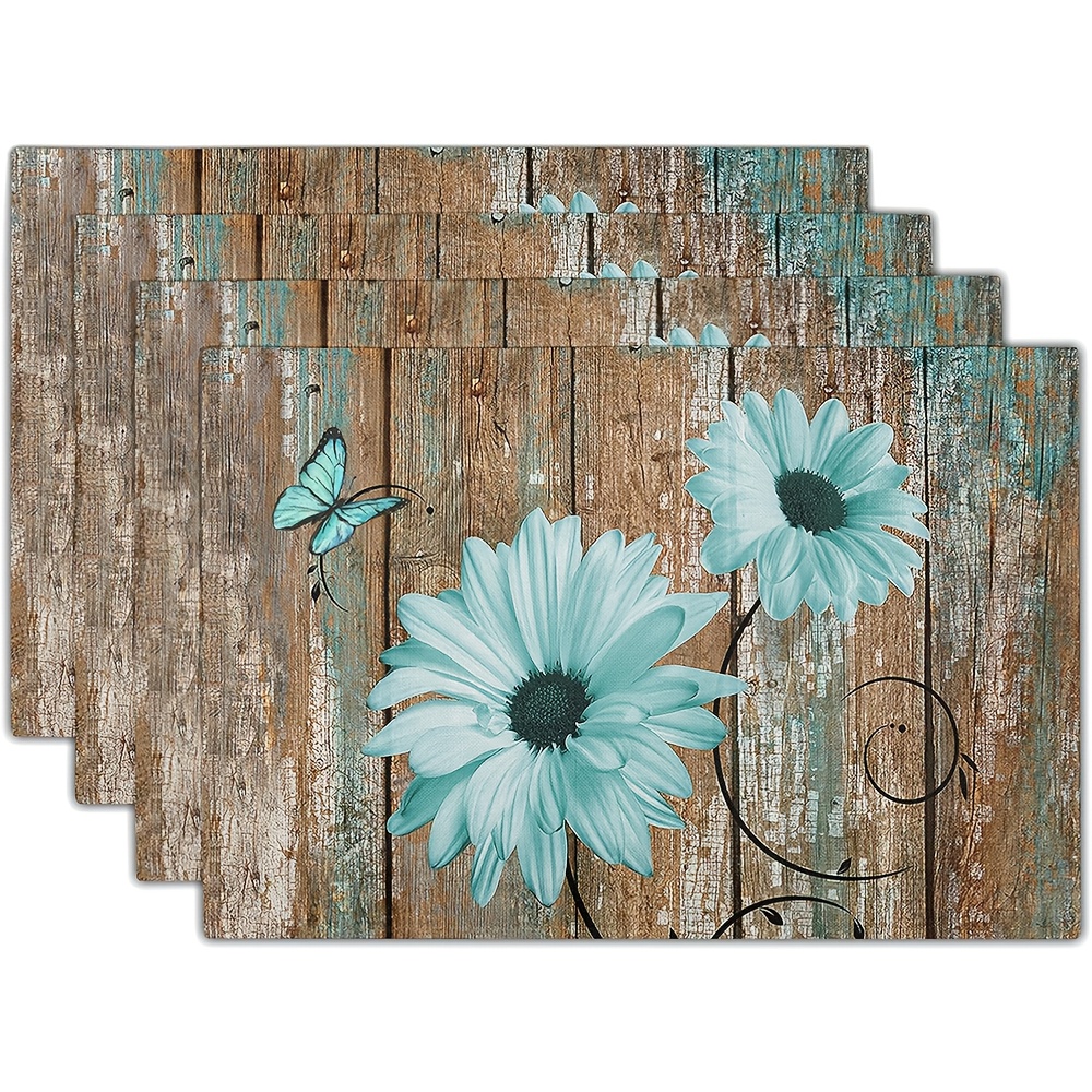 

4-pack Rustic Teal Daisy Placemats - Polyester Woven Rectangular Table Mats, Vintage Wood Board Design, Non-slip, Heat Resistant For Dining & Kitchen Decor