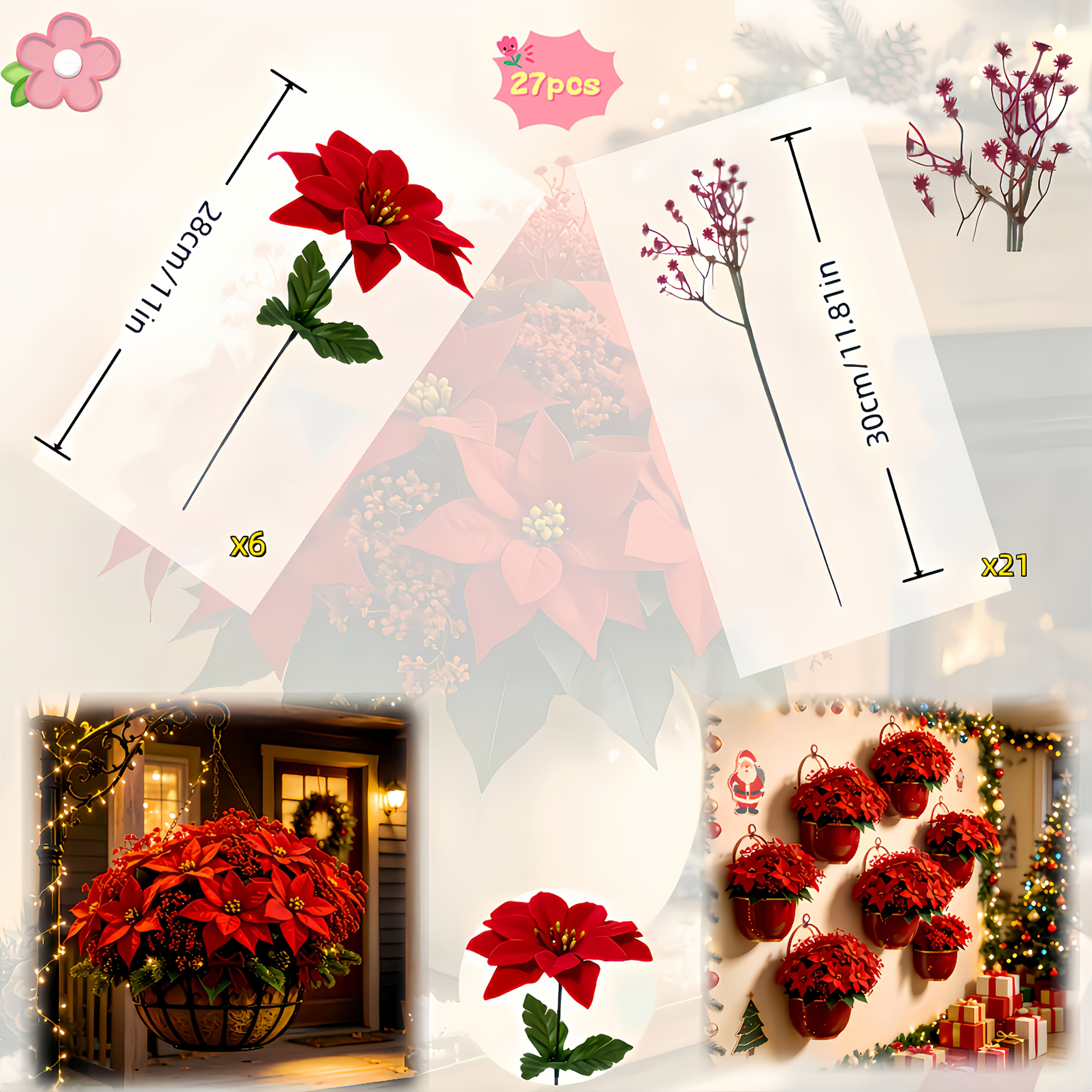 TEMU Ramo de 27 piezas de flores artificiales de flor de pascua , flor de pascua muy realista con de niña densas y hojas verdes artificiales anchas,