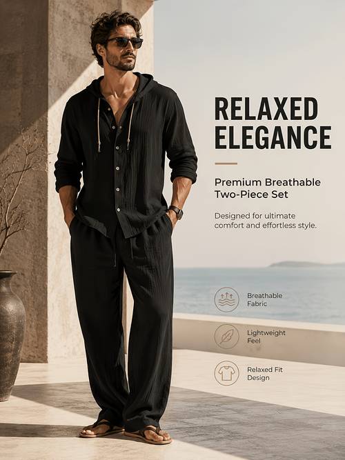 mens fashion casual set linen fabric mens stylish lightweight linen long sleeve hoodie lightweight linen long pants suitable as a fathers day gift