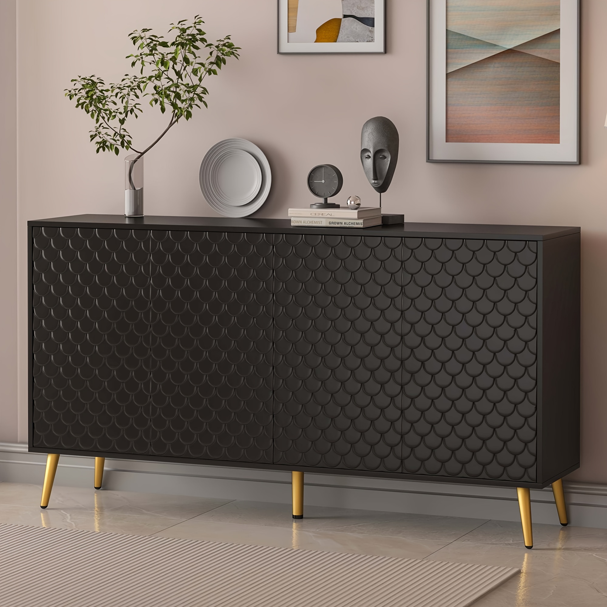 

Sideboard Buffet Storage Cabinet With Fish Scales Doors, Modern 4 Door Accent Cabinet Cupboard Console Table For Kitchen Dining Living Room Entryway
