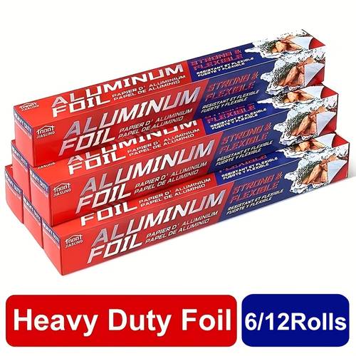 6 12 rolls heavy duty aluminum foil roll thick heavy duty foil for added strength and secure and close tab suitable for restaurants disposable food packaging 12 inches wide 30 sq ft pc