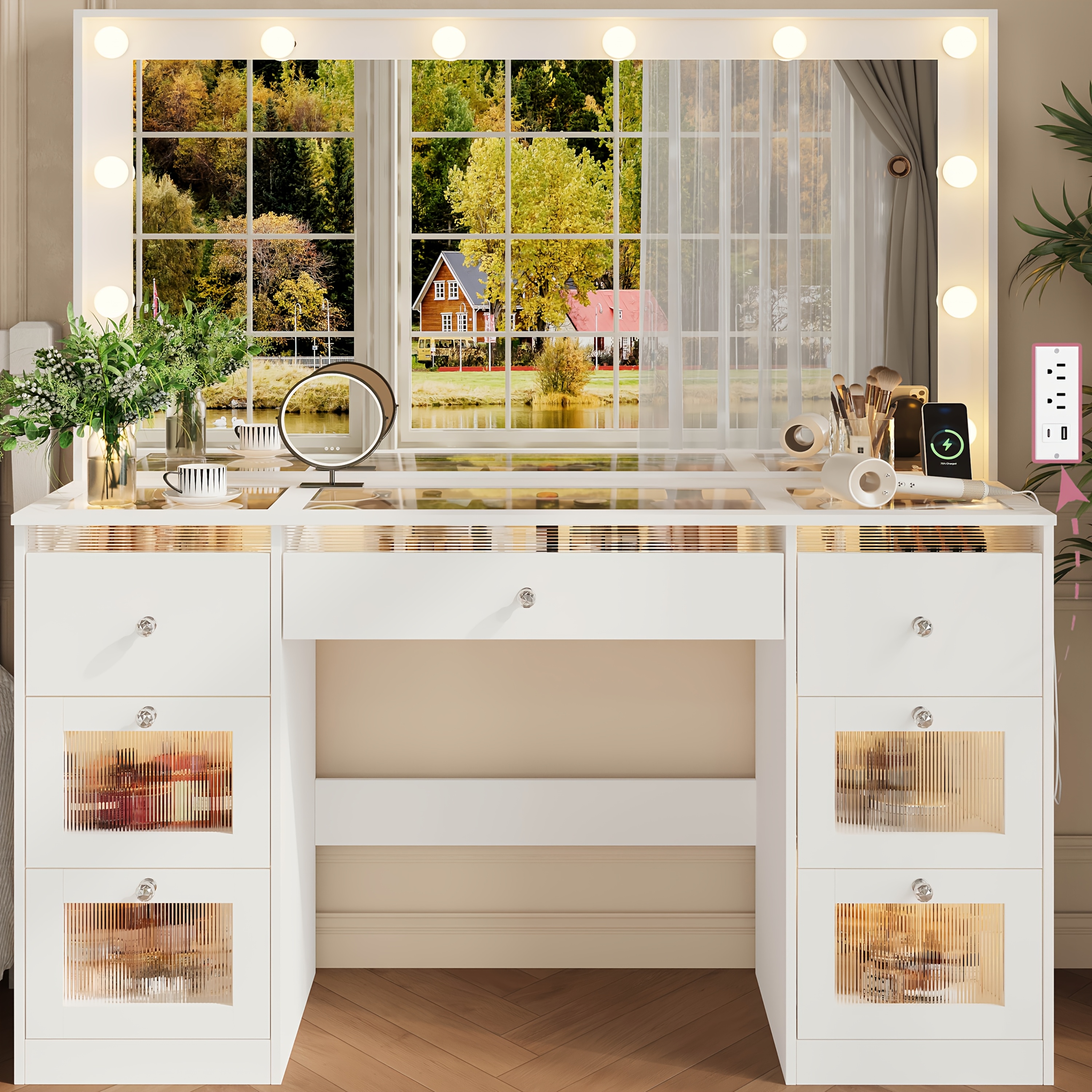 TEMU Lighted Makeup Vanity Desk With Mirror 7 Drawers, 3 Color Changing Led Dressing Table With Glass Top & Storage Cabinet, White Bedroom Furniture