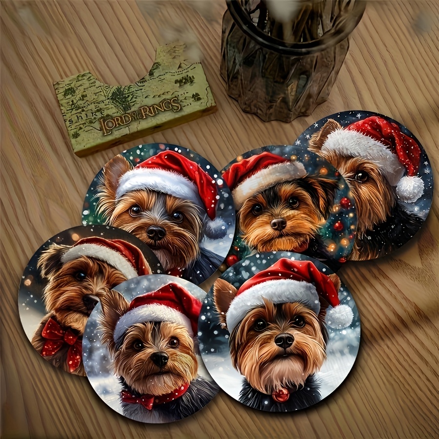 TEMU 6pcs Set Of Wooden Coasters Featuring Wearing Christmas Hats, Heat-resistant And Non-slip Table Mats, Drink Mats, And Plate Mats, For Christmas