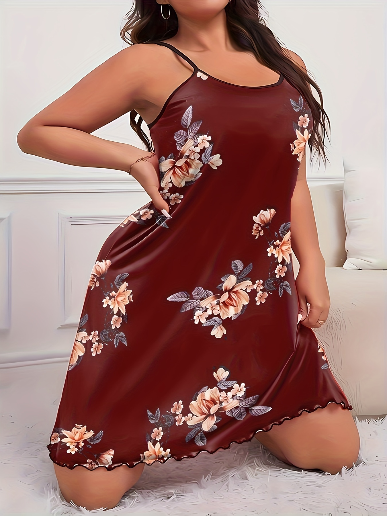 Women's Plus Sexy Loungewear Dress, Plus Size Floral Print Round Neck Frill Trim Cami Nightdress