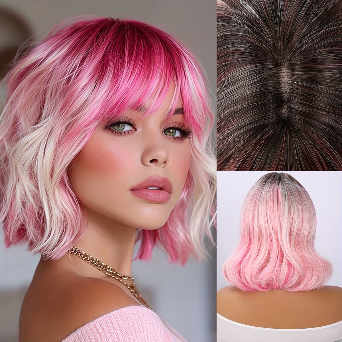 TEMU 14 Inches, Short Pink Gradient Dyeing Bob Hair, Straight Bangs, Comfortable And Breathable, Women's Wig, High Temperature Fiber, Suitable For Daily/ Wear