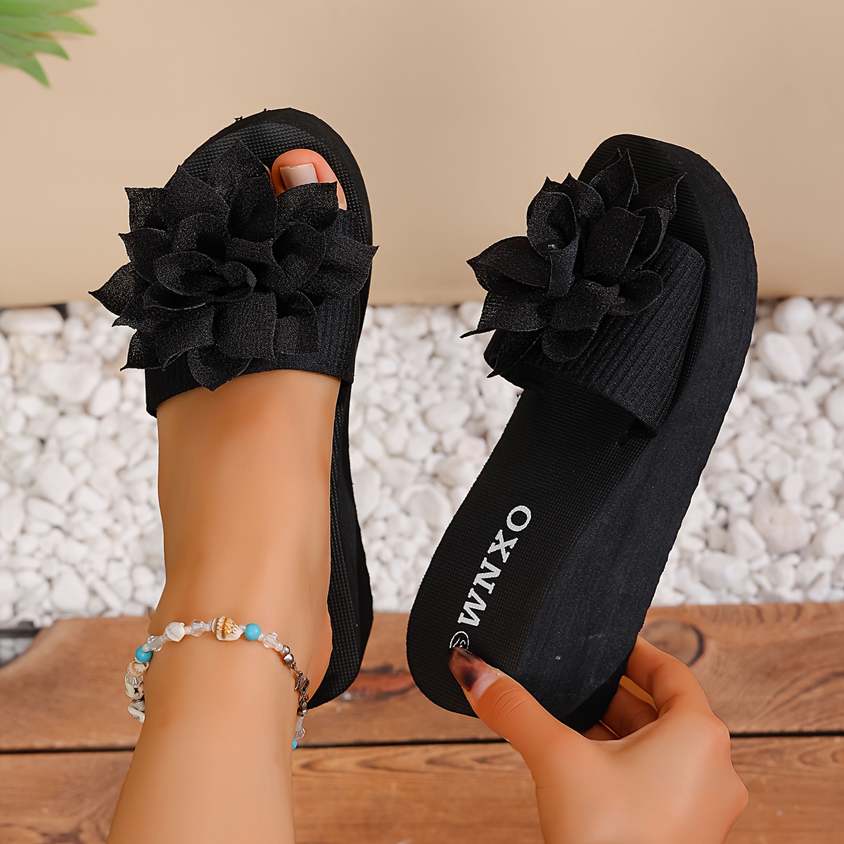 TEMU Sandales et pantoufles de plage à plateforme pour femmes, talon compensé, une sangle, légères, grande taille, motif fleur de lotus, chaussures