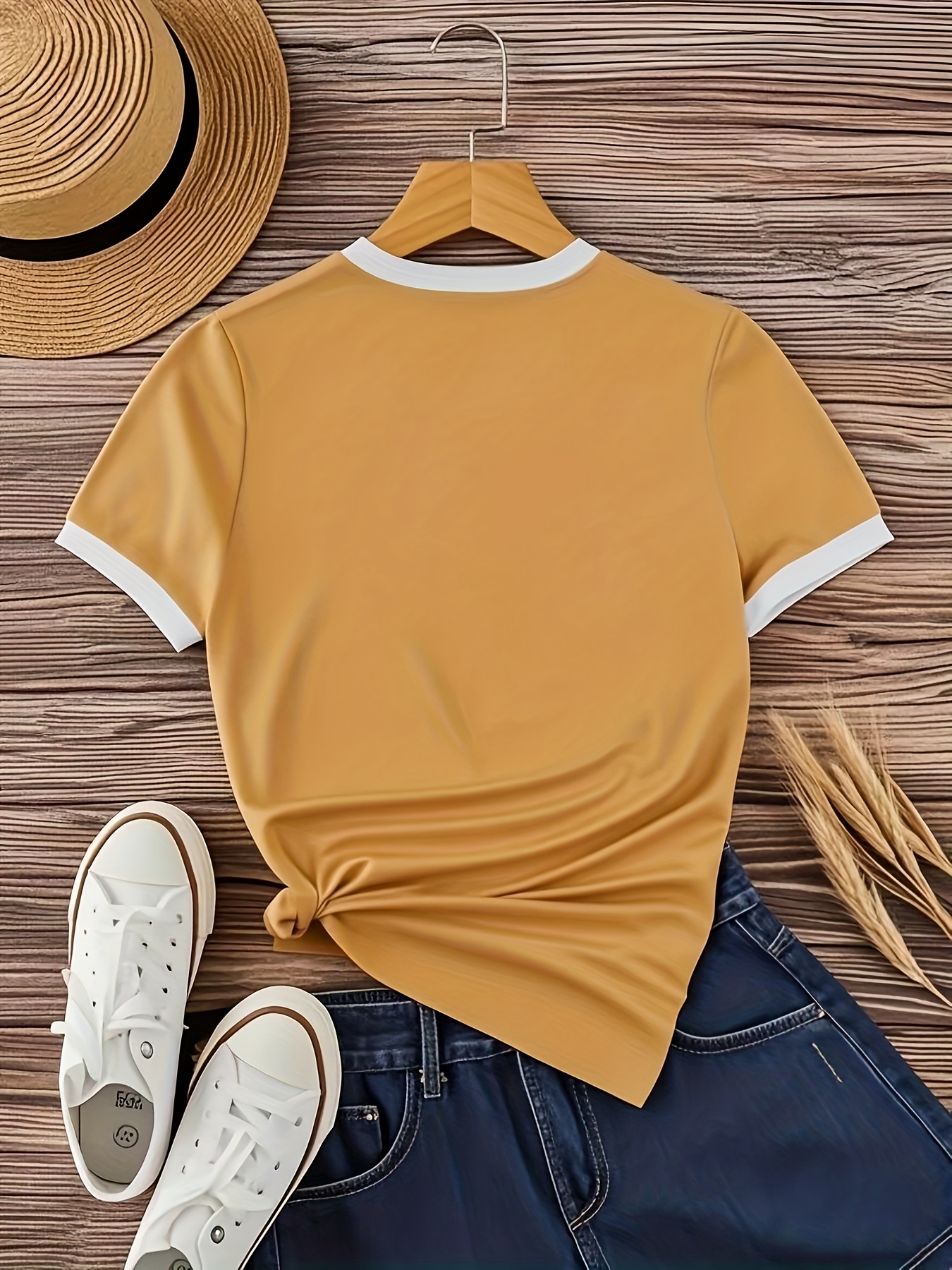 Contrast Trim Short Sleeve T-shirt, Casual Crew Neck Top For Spring & Summer, Women's Clothing