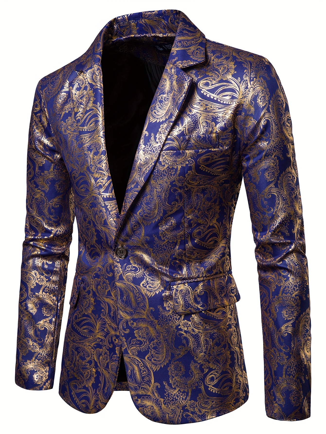 Men's Golden Paisley Graphic Print Blazer, Casual One Button Lapel Suit Jacket For Spring Fall Business Banquets, Parties, Outdoor Cloth