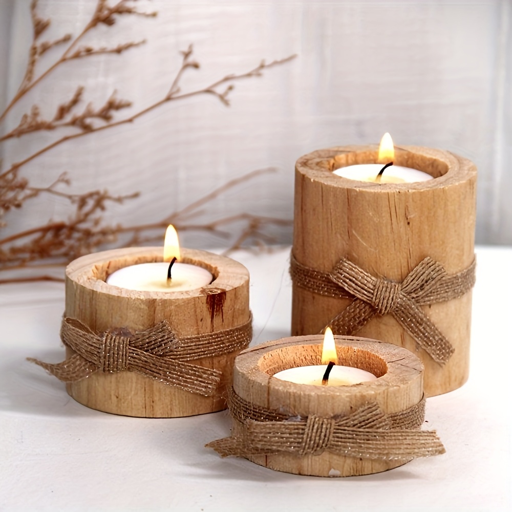 3pcs Set Of Cylindrical Wooden Candlesticks, Rustic Wood Crafts, Creative Pine Candle Holders, Tabletop Candlesticks For Home Decor, Restaurant Decor, Holiday Decor Dinners