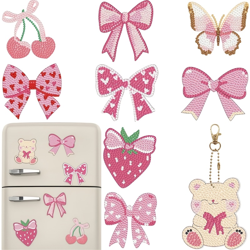 TEMU 2d Flat 9pcs Diamond Painting Magnet Kit, Pink Refrigerator Magnet Stickers, Painting Keychain, Gem Painting Kit For Beginners, Adults Diy Art