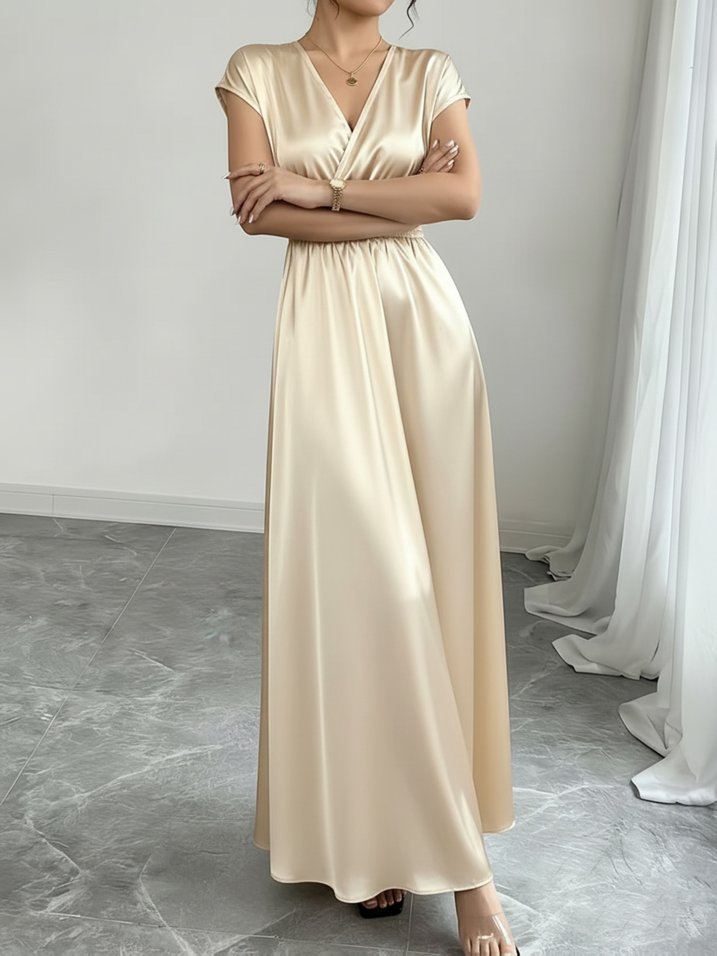 beige color satin dress CAROLYN PEARL-BEIGE SCOOP-NECK SILK SATIN MAXI DRESS | CULT MIA main image 0