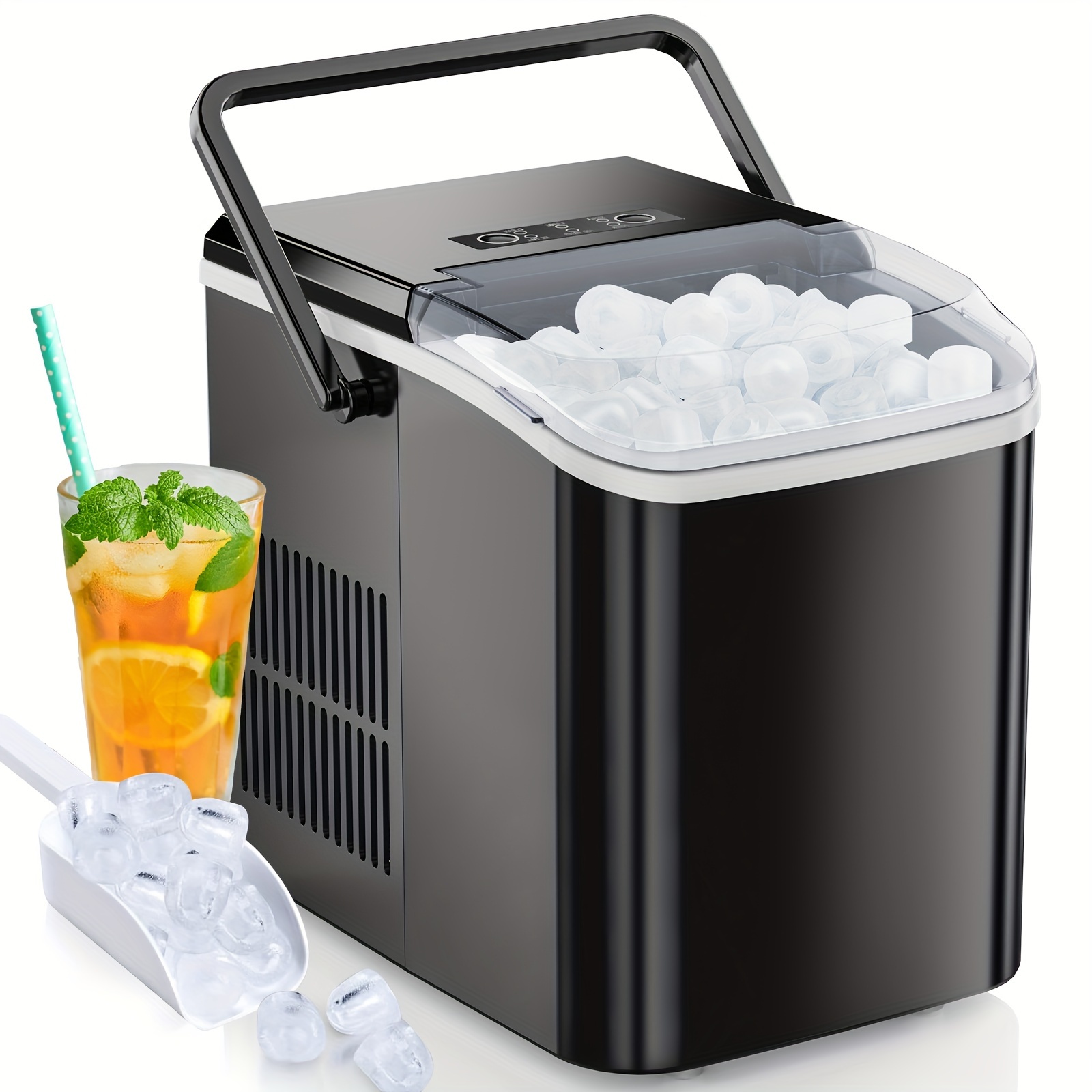 

Countertop Ice Maker, Portable Ice Machine Self-cleaning, 9 Cubes In 6 Mins, 26.5lbs/, 2 Sizes Of Bullet Ice, With Ice Scoop, Basket And Handle, Ice Cube Maker For Home Kitchen Party, Black