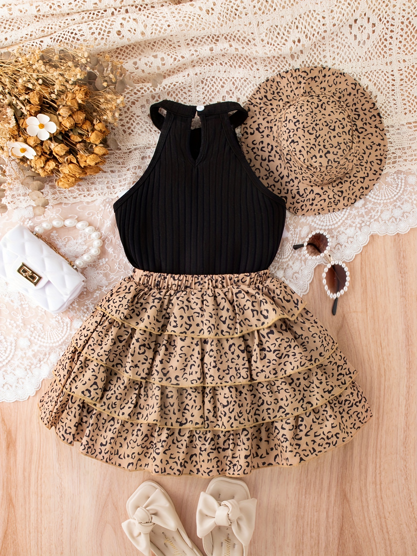 Girls' 3pcs Vintage Leopard Print Outfit Set - Sleeveless Cotton Blend Bandeau Top, Tiered Skirt, and Matching Hat - Casual Summer Wear for Kids with Frill Details