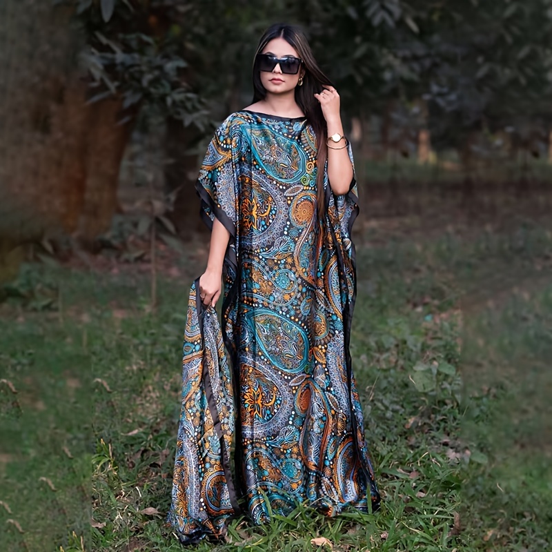 

Elegant Paisley Print Satin Scarf & Long Dress Set - Lightweight, Breathable Beach Cover-up For Women