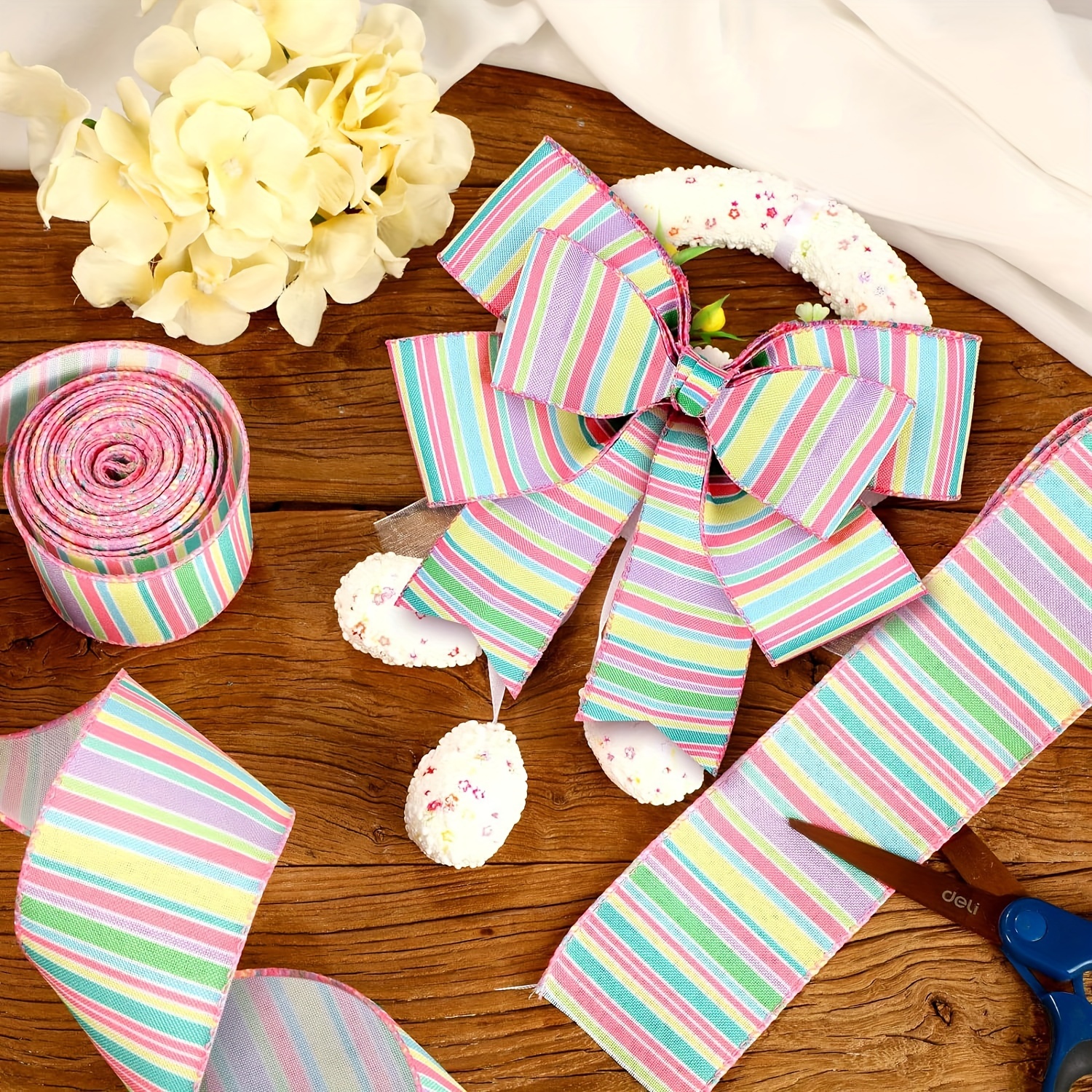 

1 Roll, 5yards Spring Wired Edge Ribbon Horizontal Stripe Wired Edge Ribbon Pastel Stripe Canvas Ribbon Spring Decorative Ribbon Stripe Craft Ribbon For Wrapping Easter Party Crafting