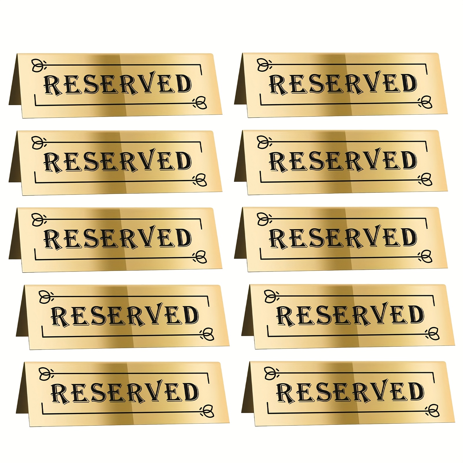 Set Of 10 Stylish Golden Acrylic Table Signs Labeled 'reserved' - Double-sided With Decorative Arrows, Waterproof - Ideal For Weddings, Events, Restaurants, And Meetings